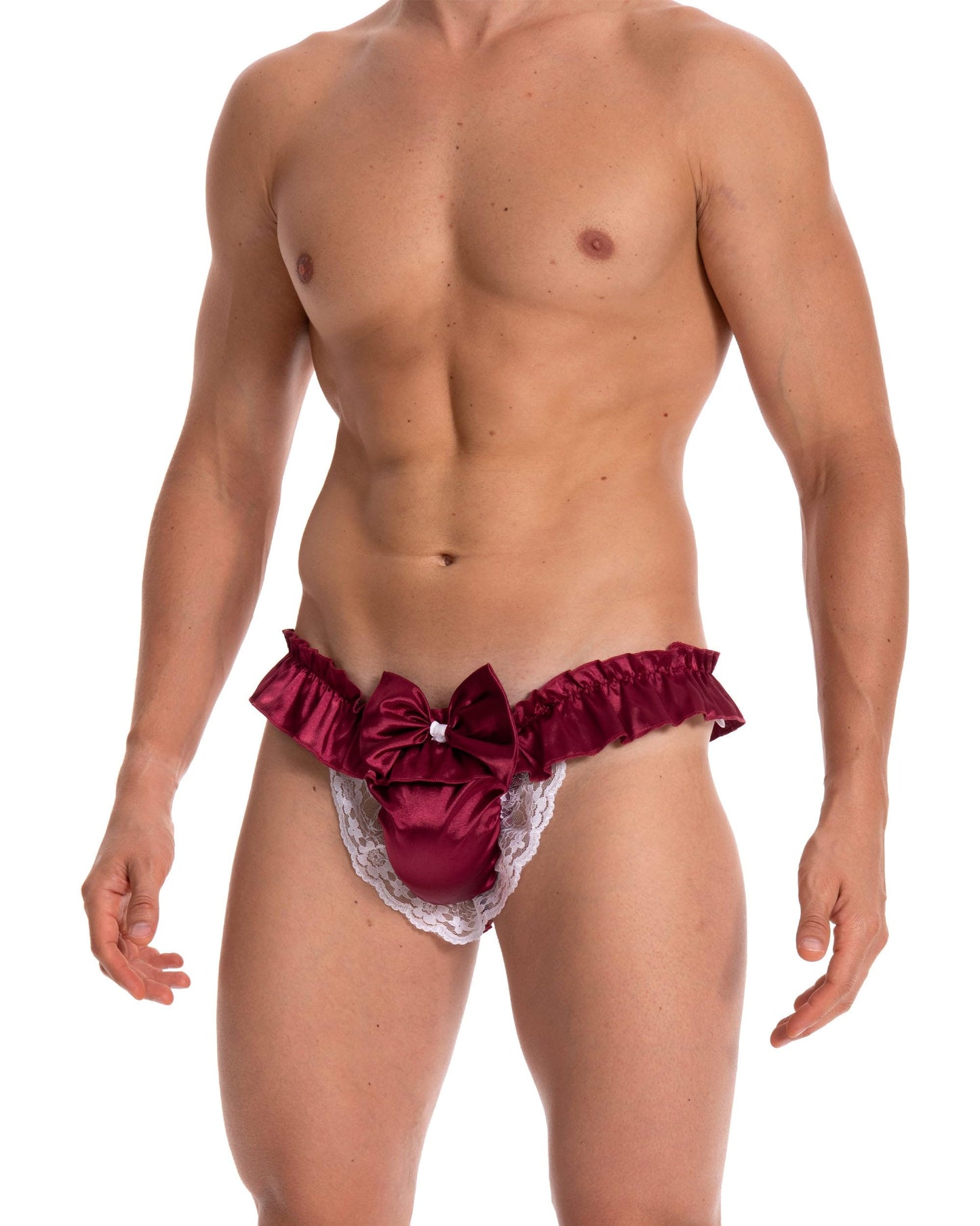 Satini Men's Satin Ruffle Bow Thong Sissy Knickers Briefs Jockstrap Panties (Wine Red, S)