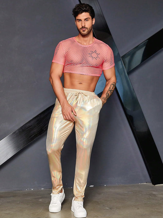 WDIRARA Men's Fishnet Mesh Tee Shirt Round Neck Short Sleeve Crop Top Hot Pink M