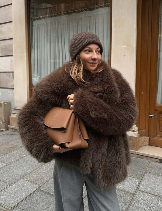 Women Faux Fur Coat Lapel Collar Shaggy Warm Short Fluffy Jacket