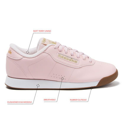 Reebok Princess Sneakers for Women, Comfortable Walking or Tennis Womens Shoes, Pink/White/Gold Metallic, 7