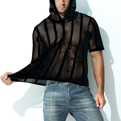SUMABA Men's Sexy Fishnet Black Mesh Shirt Men Short Sleeve See Through Sheer Hoodies Pullover, Black M