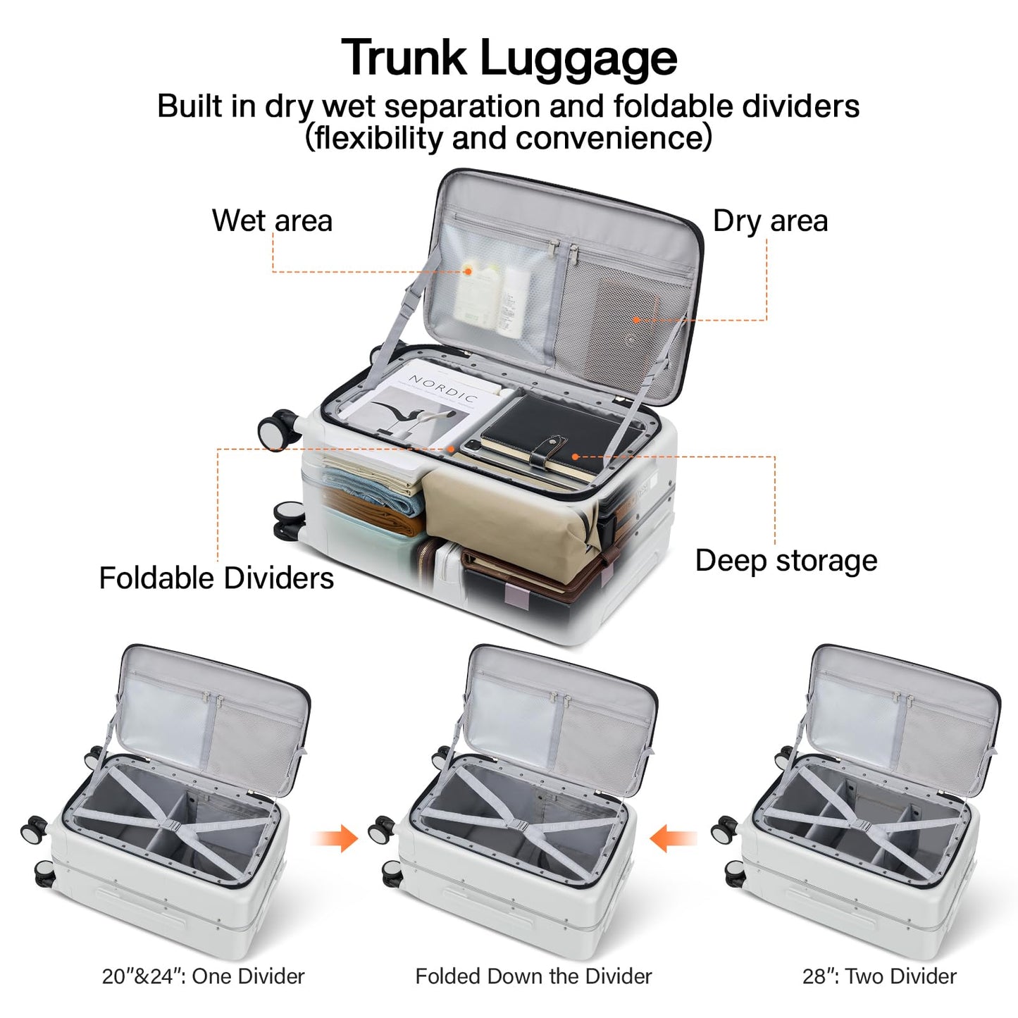 Hanke 28 Inch Luggage with Cup Holder and Charge,Top Opening Hard Shell Suitcases with Wheels and Dividers,Aluminum Frame Trunk Luggage Extra Large Suitcase with Lock for Travel,Smoke White
