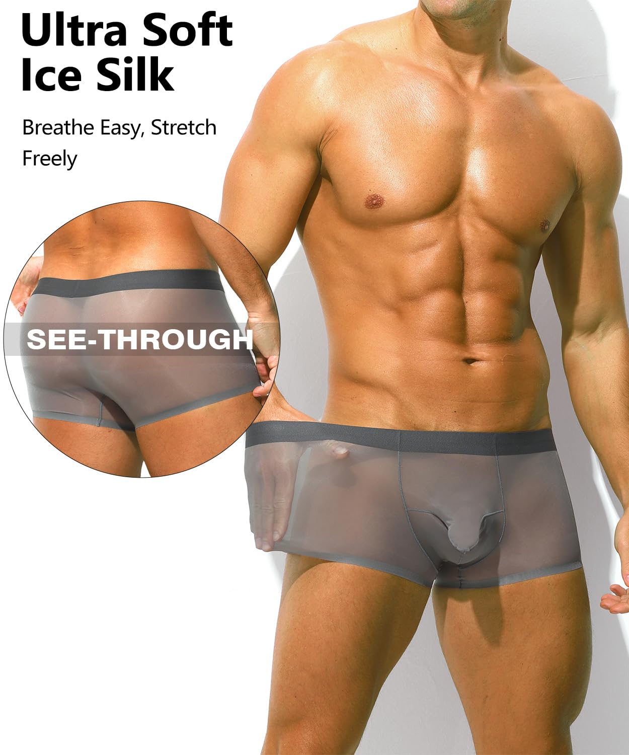 PAIZH Mens Sexy See Through Underwear Ice Silk Boxer Briefs Ultra Thin Trunks Soft Bulge Pouch Sheer Boxer Shorts Deep Grey M