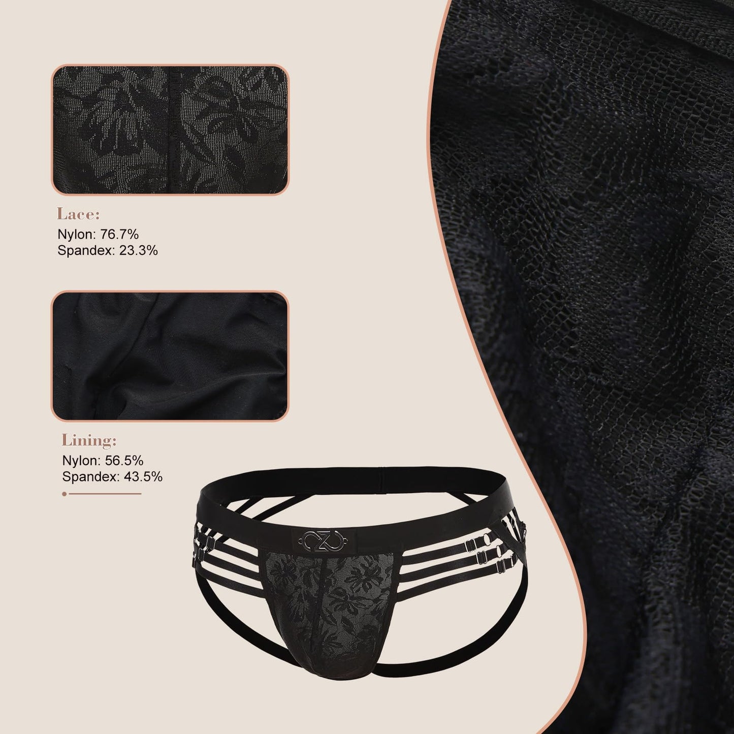 BSZN Men's Adjustable Strap Jockstrap, Black Floral Lace Pouch Underwear, Mid Rise Tight Fit Multi Metal Buckle Briefs from Midnight Visitor Collection