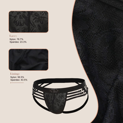 BSZN Men's Adjustable Strap Jockstrap, Black Floral Lace Pouch Underwear, Mid Rise Tight Fit Multi Metal Buckle Briefs from Midnight Visitor Collection
