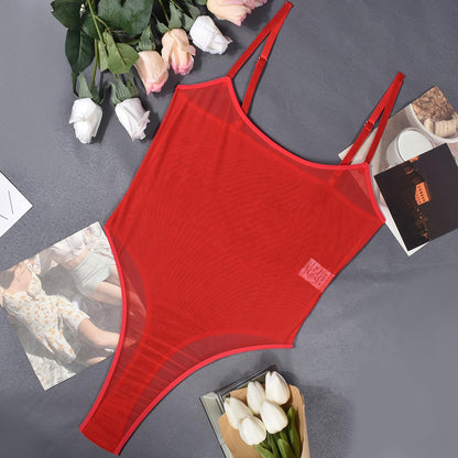 Women's Sheer Mesh Bodysuit Lingerie See Through Teddy High Cut Thong Leotard Sexy Body suit Red Large