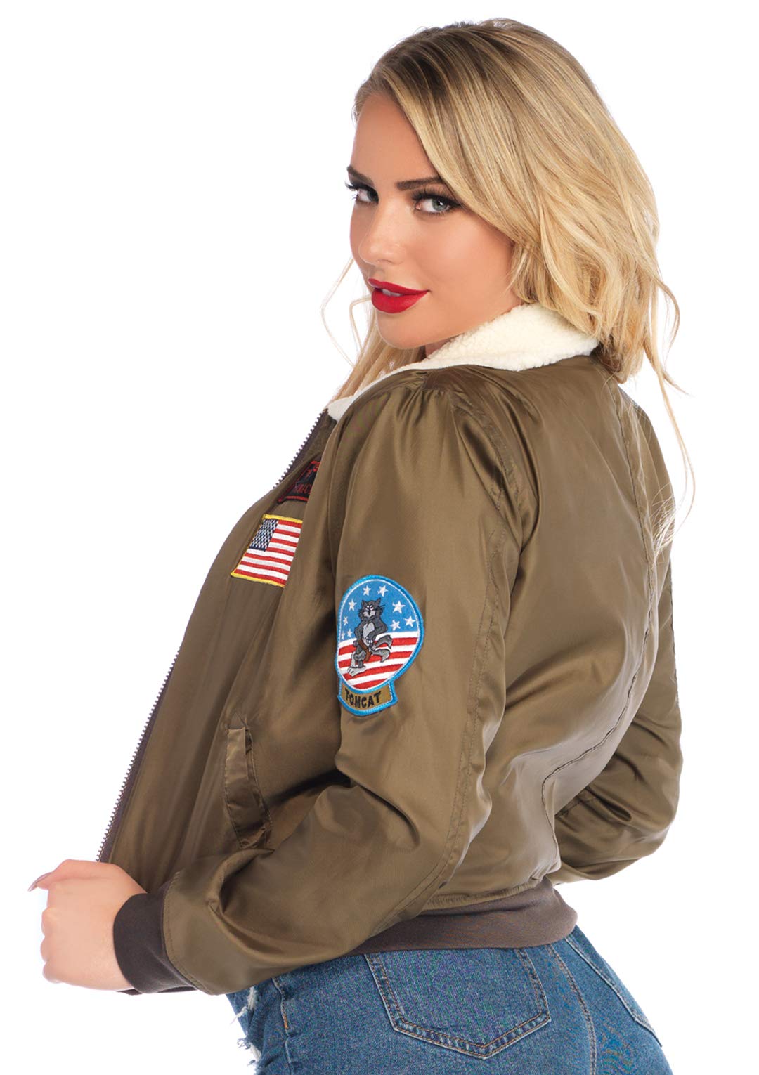 Leg Avenue Mens Top Gun Nylon Bomber Jacket With Interchangeable Name Badges - Flight Jacket Halloween Costume for Women, LARGE, Khaki