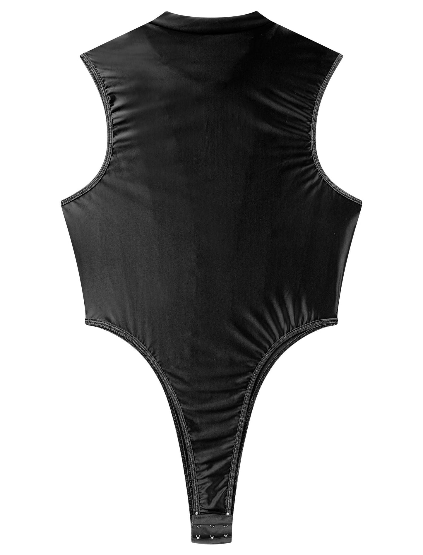 Men's Mesh Sheer Bodysuit Mock Neck Spliced Sleeveless High Cut Thong Leotard Singlet Underpants Black One Size