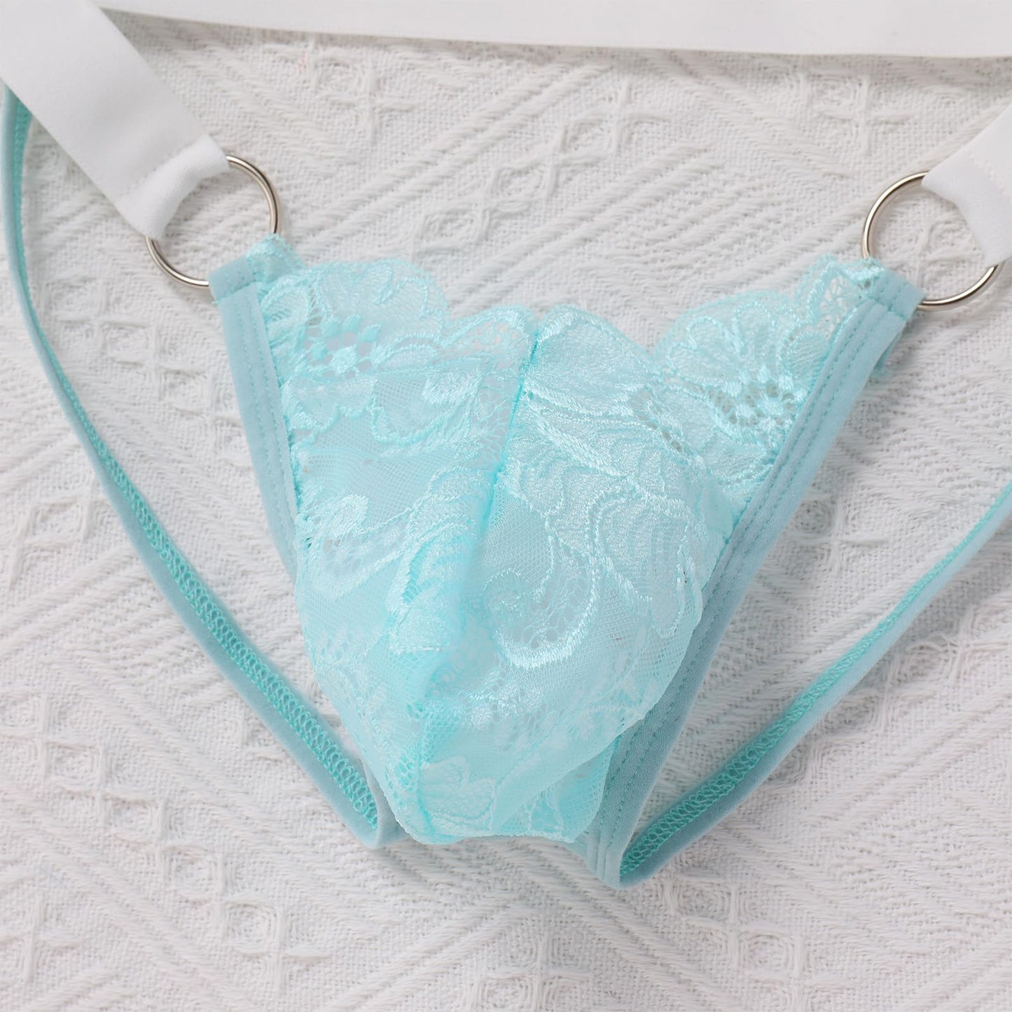 ABAFIP Men's Lace Thong Underwear Low Waist Sissy Pouch G-String Panties Crossdressing Lingerie Light Blue Medium