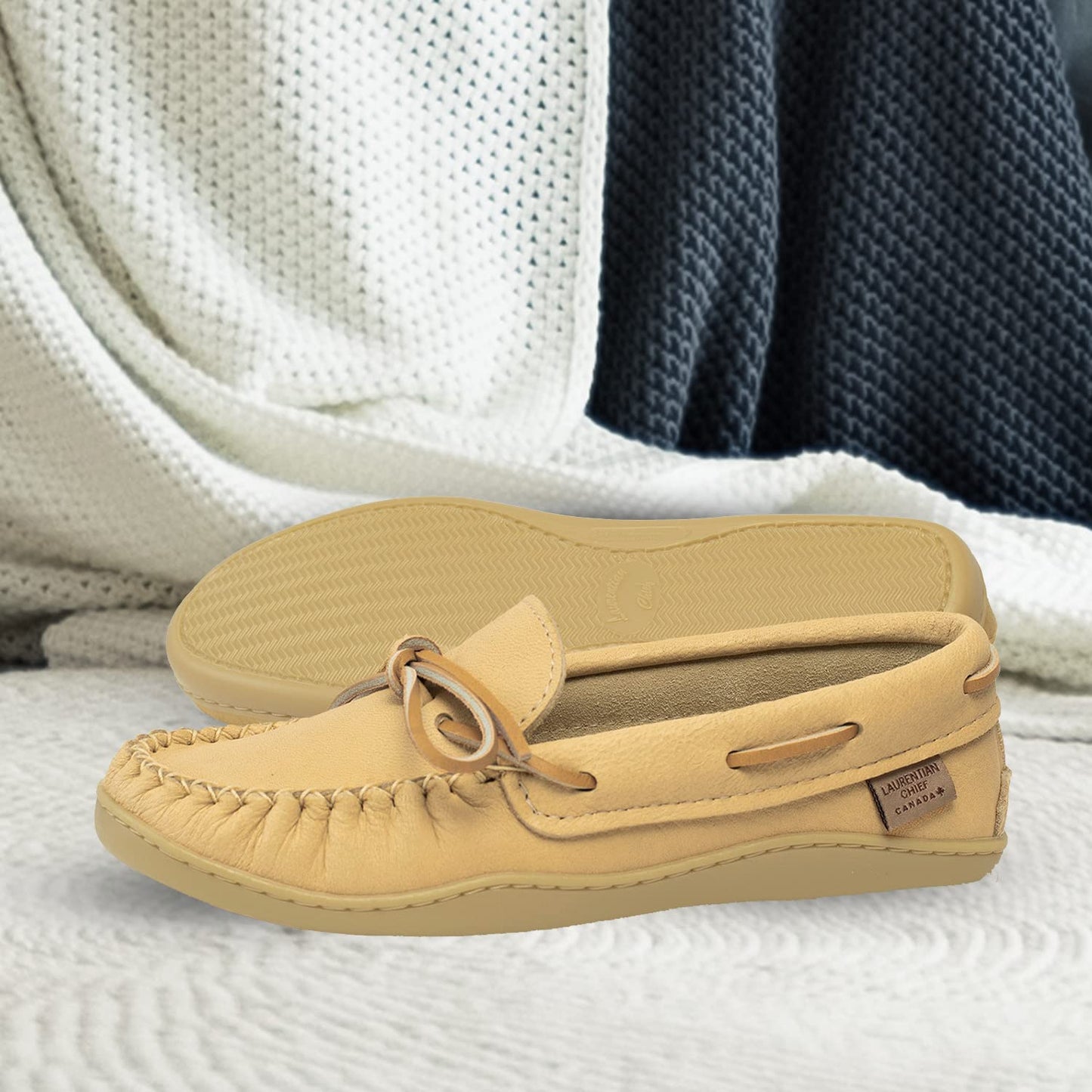 Laurentian Chief Moccasins with 8-Hole Collar for Ladies – Stylish and Comfortable House Slippers with Natural Rubber Sole – Leather Indoor & Outdoor Slippers (Natural Ladies - Indoor & Outdoor, 6)