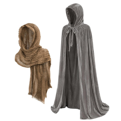 2 Pcs Halloween Desert Costume Set for Women Men, Hooded Coak& Long Scarf