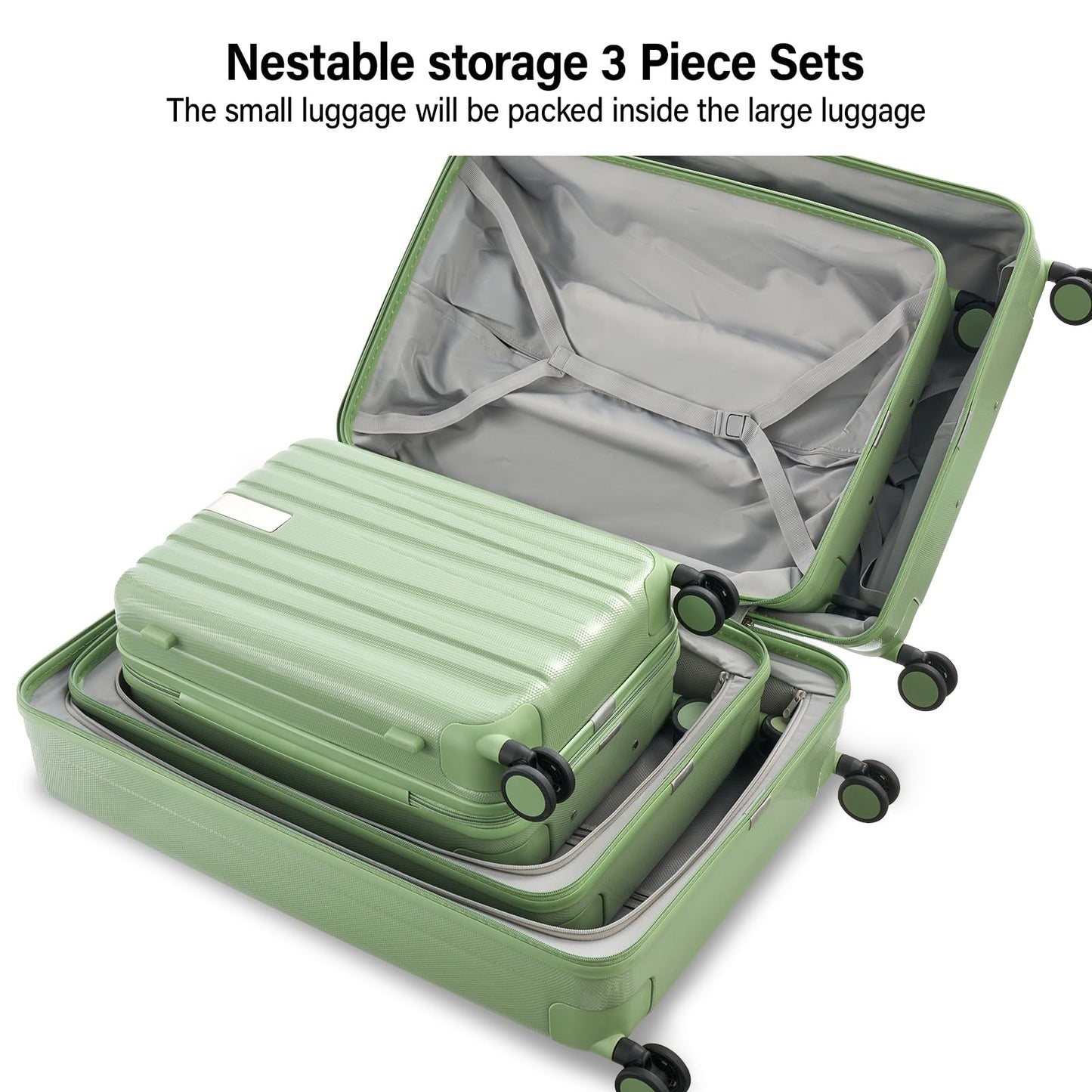 Hanke Hardshell Luggage Sets 3 Piece Extra Large Suitcases with Lock,28 Inch Luggage with Spinner Wheels, PC Travel Suitcase for Women Men 20 24 29Inch,Bamboo Green