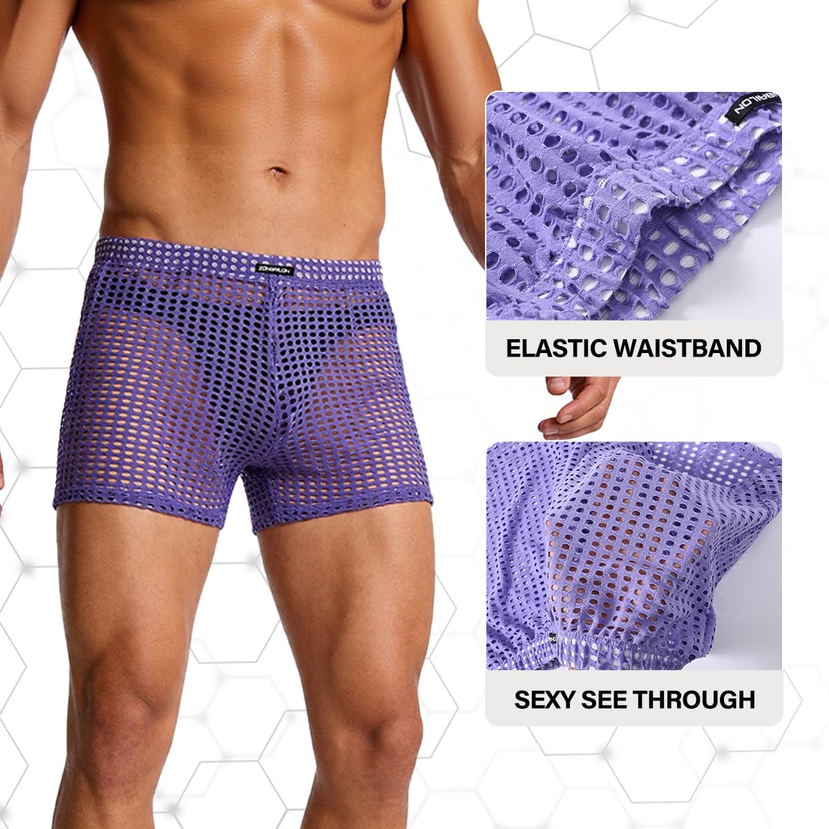 Mens See Through Shorts Fishnet Sexy Mesh Boxer Shorts Hollow Lounge Loose Underwear Purple M