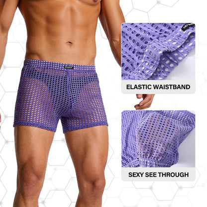 Mens See Through Shorts Fishnet Sexy Mesh Boxer Shorts Hollow Lounge Loose Underwear Purple M