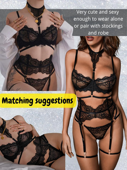 Garter Lingerie Set For Women, Sexy Floral Lace, Strappy High Waisted Hide Belly, 4 Piece With Exotic Choker Belt,Black,Small