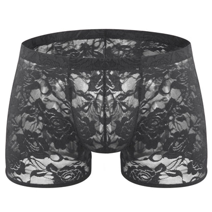 BreakEgg Men's Lace Boxers Underwear Seamless Lace Design with Low Waist Sexy and Comfortable Mens Under Panties (Black,One Size)
