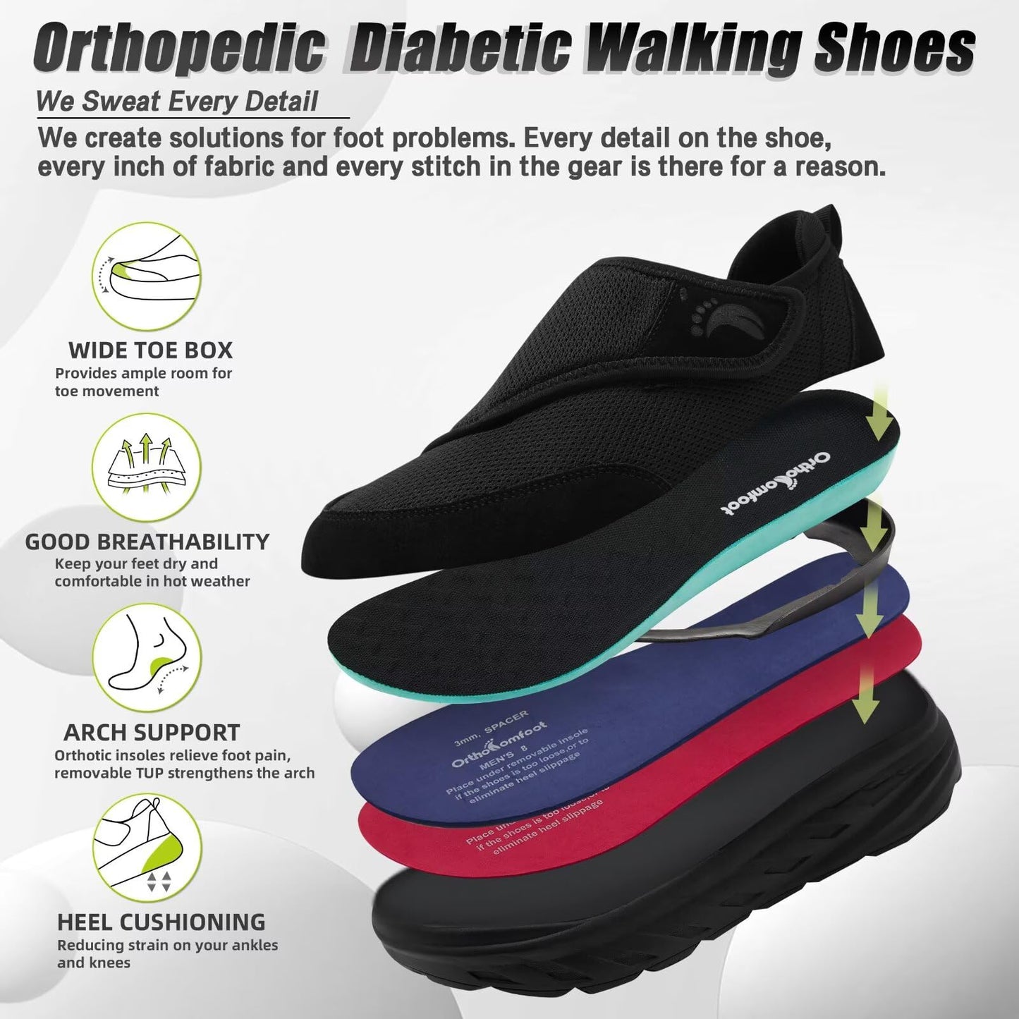 Men's Orthopedic Diabetic Extra Wide Walking Shoes: Stylish Fit Arch Support Neuropathy Orthotics Flat Feet Sneakers, Plantar Fasciitis Standing Driving Breathable Slip On Loafers Black Size 11