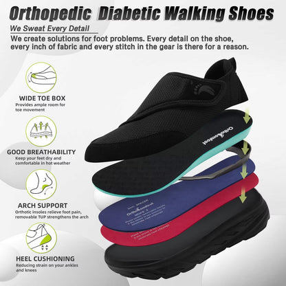 Men's Orthopedic Diabetic Extra Wide Walking Shoes: Stylish Fit Arch Support Neuropathy Orthotics Flat Feet Sneakers, Plantar Fasciitis Standing Driving Breathable Slip On Loafers Black Size 11