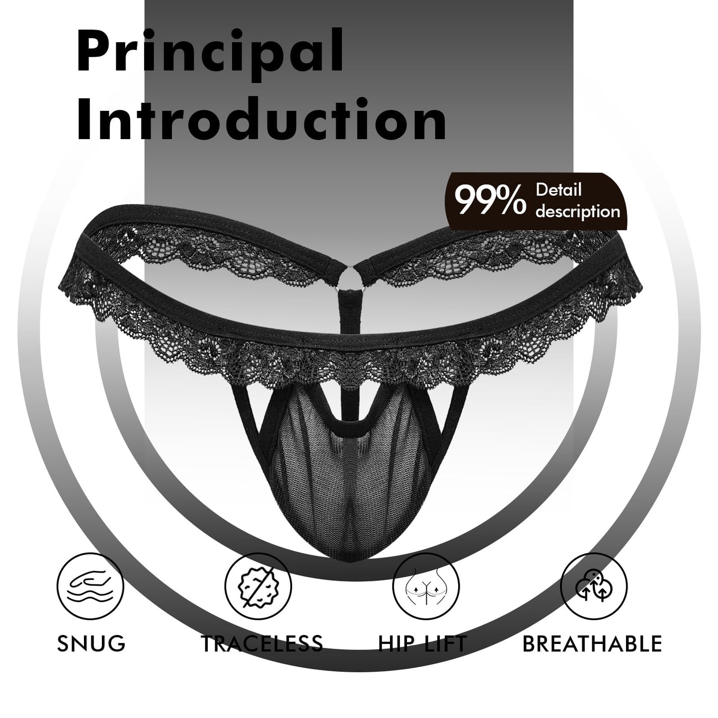 Men's Sissy Gay Bikini Briefs Sexy Lace Thongs T Back Bulge Pouch Panties Ultra G-String Thong Underwear(Black-L)