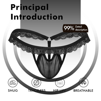 Men's Sissy Gay Bikini Briefs Sexy Lace Thongs T Back Bulge Pouch Panties Ultra G-String Thong Underwear(Black-L)