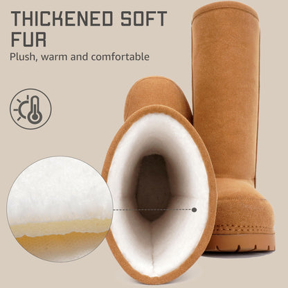 LACIKOSZ Faux Suede Platform Fuzzy Snow Boots Round Toe Hippy Winter Boots Slip On Knee High Chunky Heel Fur Tall Boots for Women