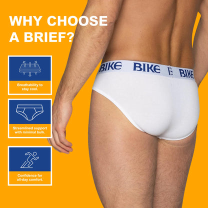 Bike Men's 3-Pack Stretch Cotton Athletic Men’s 3-Pack Stretch Cotton Briefs | Comfortable Soft Cotton Spandex Blend Underwear | Elastic Waistband Fit, X-Large, White