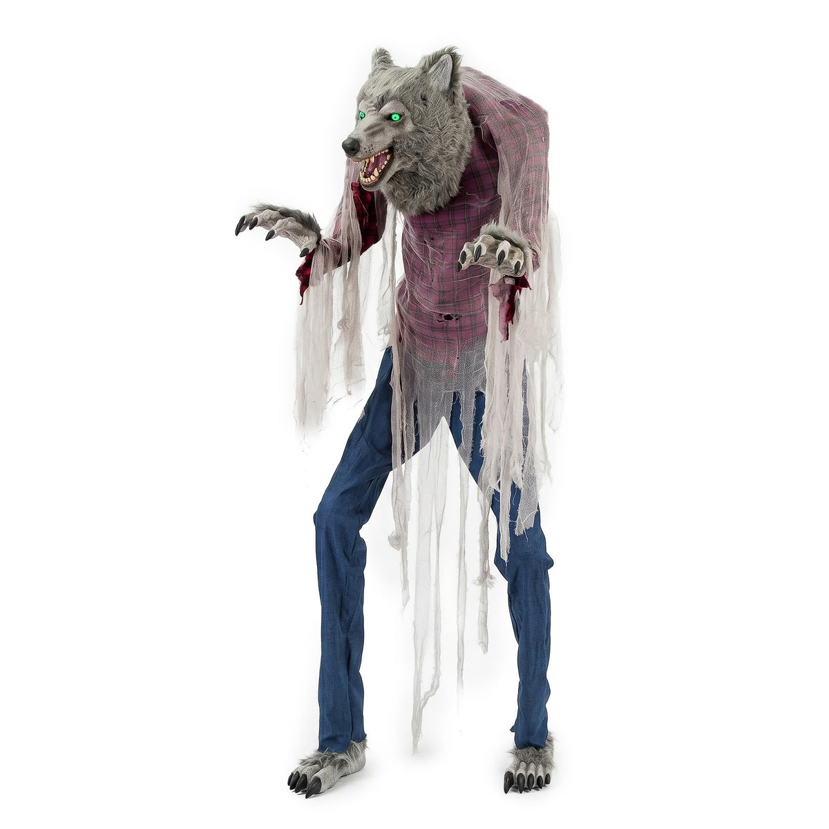 7FT Animated Halloween Werewolf Decoration - Sound Activated Werewolf Animatronic Outdoor with Motion, Lights and Sound, Scary Wolf in Red Plaid Shirt and Jeans, for Yard Porch Haunted House