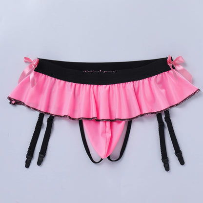ABAFIP Men's Sissy Lingerie Skirted Garters Belt Panties Bowknot Stockings 2 Piece Crossdressing Underwear Honeymoon Valentine Nightwear set Pink-socks set One Size