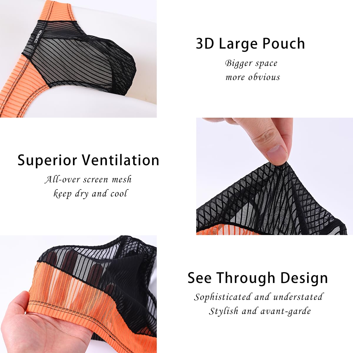 JINSHI Men’s Sheer Mesh Briefs Transparent Bulge Pouch Bikini Underwear See Through Striped Ultra-Thin Sexy Panties XL