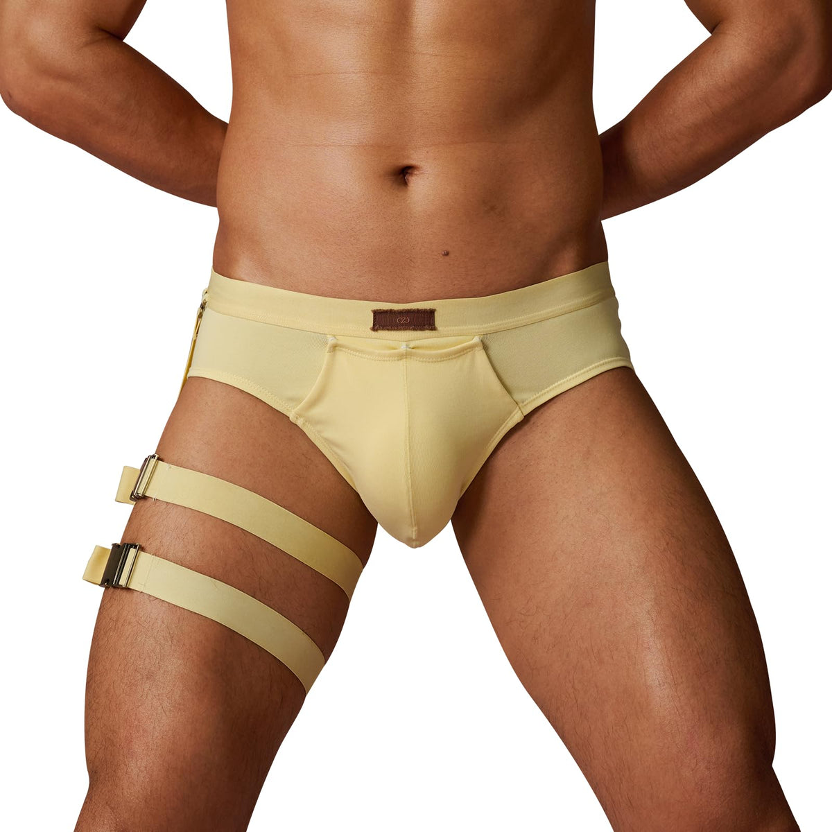 BSZN Men's Sexy Briefs, Cream Yellow Detachable Leg Strap Sexy Men Underwear, Mid High Rise Front Snap Open Pouch Vintage Metal Role Play Sexy Lingerie from L-Night Authority Badge Collection