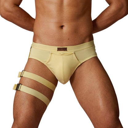 BSZN Men's Sexy Briefs, Cream Yellow Detachable Leg Strap Sexy Men Underwear, Mid High Rise Front Snap Open Pouch Vintage Metal Role Play Sexy Lingerie from L-Night Authority Badge Collection