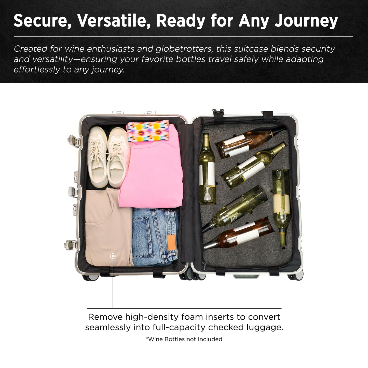 VinGardeValise® VinAluminum Wine Travel Suitcase - 12-Bottle Aluminum Luggage with TSA Lock, Shockproof Foam Inserts, Spinner Wheels, Hard Shell, Airline Approved