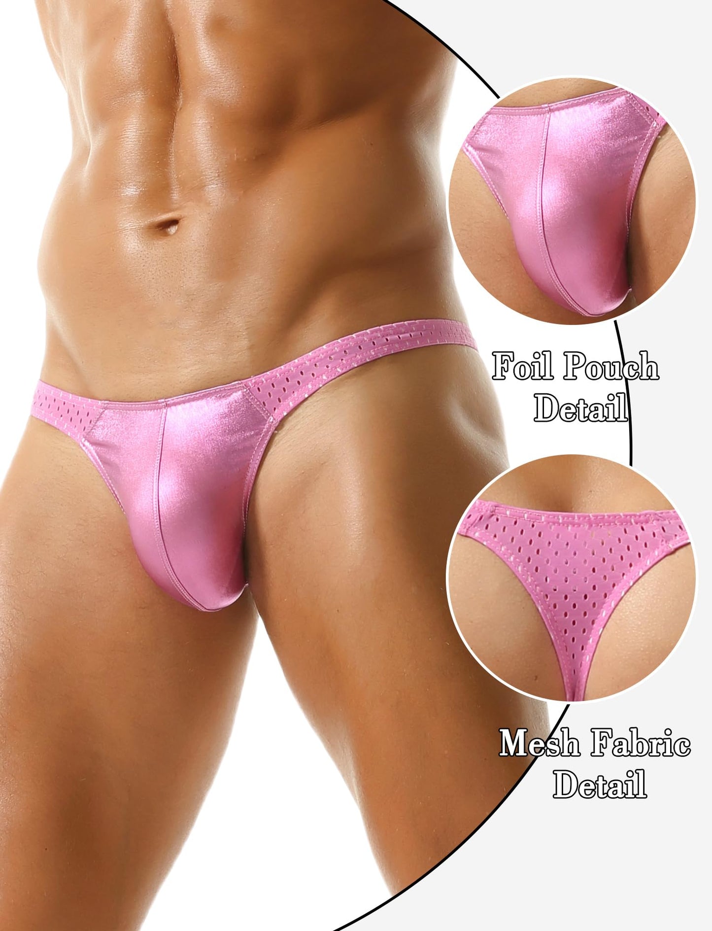 SEAUR Men's Cheeky Bikini Briefs Metallic Bulge Pouch Thong Underwear Low Waist Underpants Soft Mesh Underpants Pink L