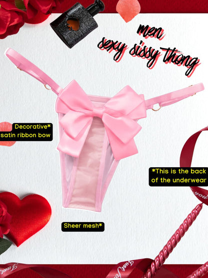 Mens Bow Thong For Anniversary, Couples Bedroom Sexy Underwear, Sheer Mesh Male Panties Pink