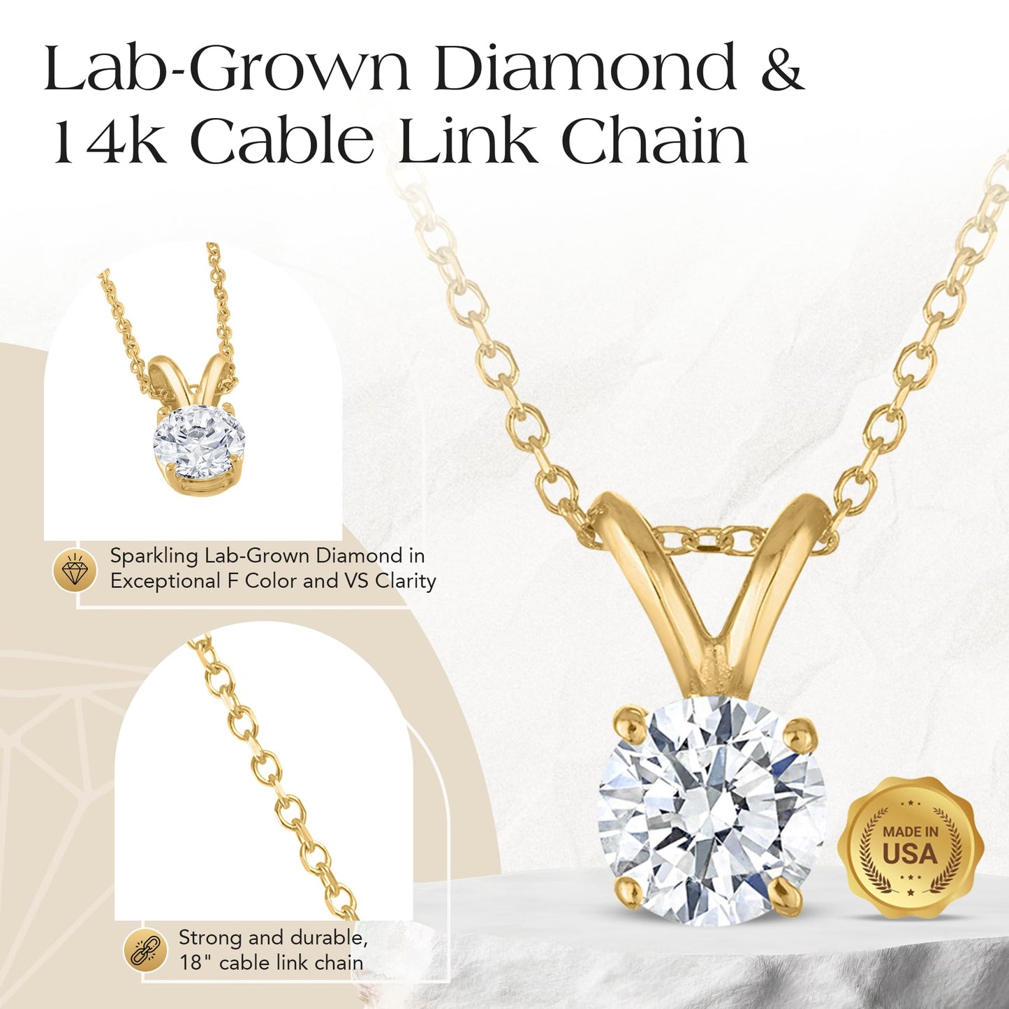 Certified Diamond Necklace for Women - Lab Grown Solitaire Necklace with Solid 14K Yellow Gold Chain, Stunning Lab Diamond Pendant in 1 Carat, Premium Signature Jewelry Collection