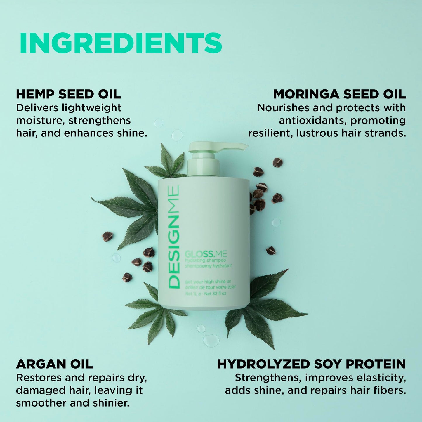 GLOSS.ME Hydrating Shampoo by DESIGNME | Hemp & Argan Oil Shampoo Adds Softness & Shine | Straight, Wavy, or Curly Hair | Color-Safe Moisturizing for Dry Hair (32 Fl Oz (Pack of 1))
