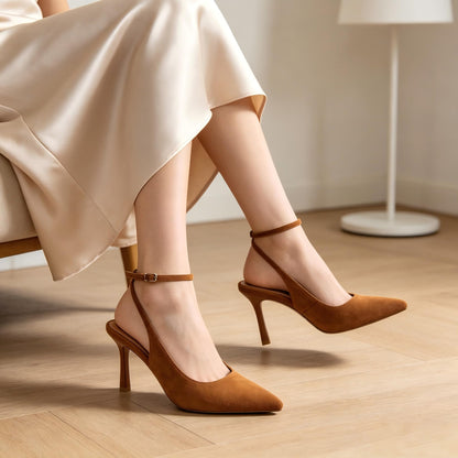 Women’s Slingback Pumps 3 Inch Stiletto Heels Pointed Toe with Ankle Strap Elegant Closed Toe High Heel Dress Shoes for Office Wedding Evening,Brown Suede,6