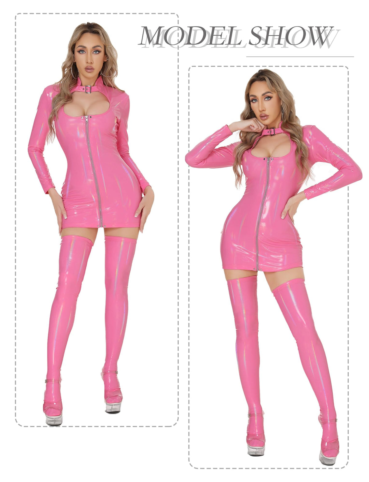 Sissy Latex Lingerie Outfits for Crossdressing -  Pink Wet Look Faux Leather Mini Dress Sexy Dominatrix