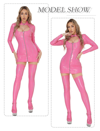 Sissy Latex Lingerie Outfits for Crossdressing -  Pink Wet Look Faux Leather Mini Dress Sexy Dominatrix