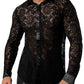 JOGAL Men's See Through Flower Lace Sheer Blouse Long Sleeve Button Down Shirts Dark Black Large