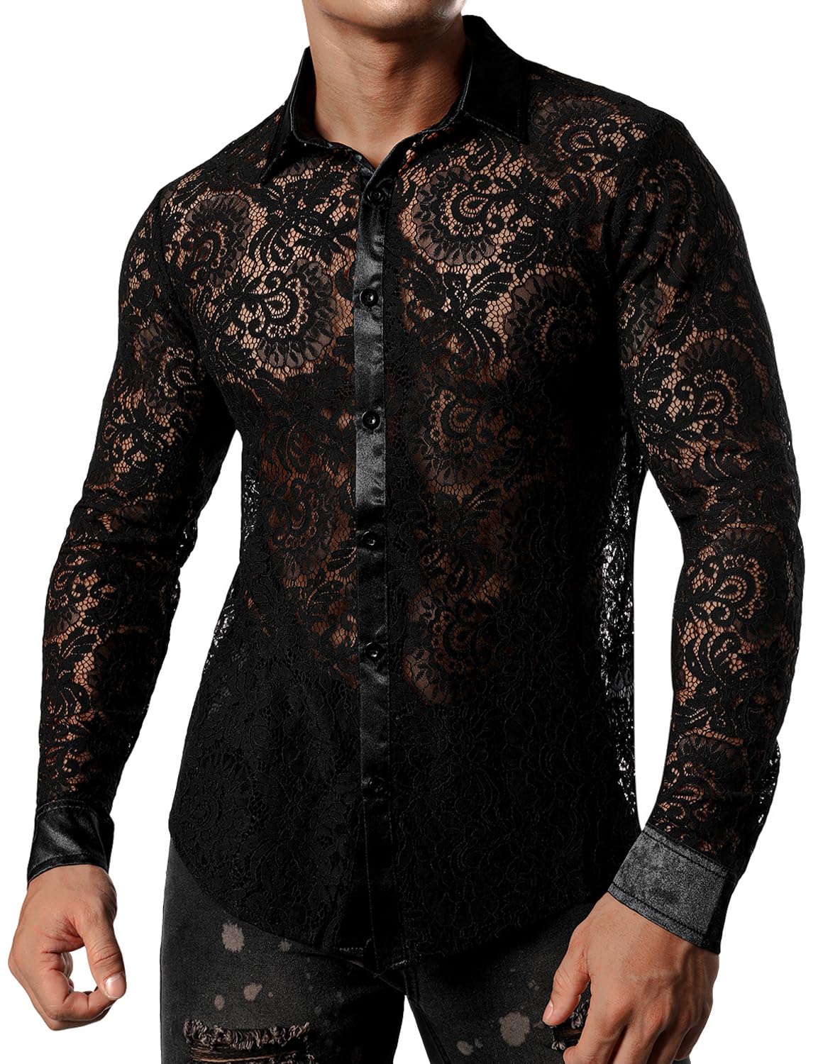 JOGAL Men's See Through Flower Lace Sheer Blouse Long Sleeve Button Down Shirts Dark Black Large