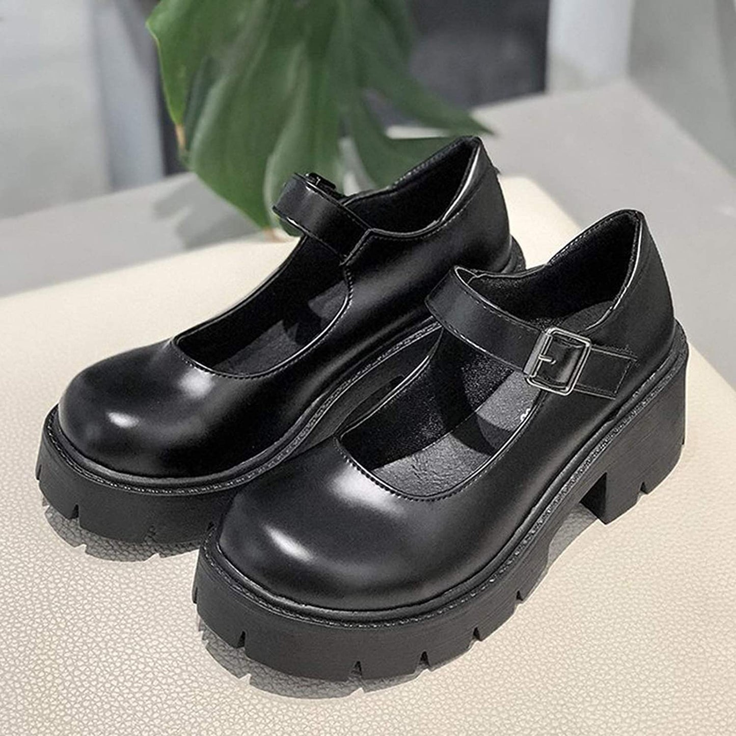 Women's Platform Mary Janes Chunky Heel Ankle Strap Uniform Dress Shoes Heeled Gothic Lolita Oxfords (7.5, Single Strap-Matt Black)