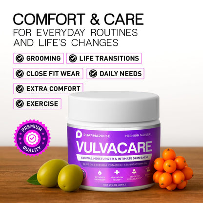 Pharmapulse Vaginal Moisturizer, Vulva Balm Cream, Intimate Skin Care, Menopause Support - Relieves Dryness, Itching, Burning, Redness, Chafing, Odor, Irritation - Estrogen Free 2oz