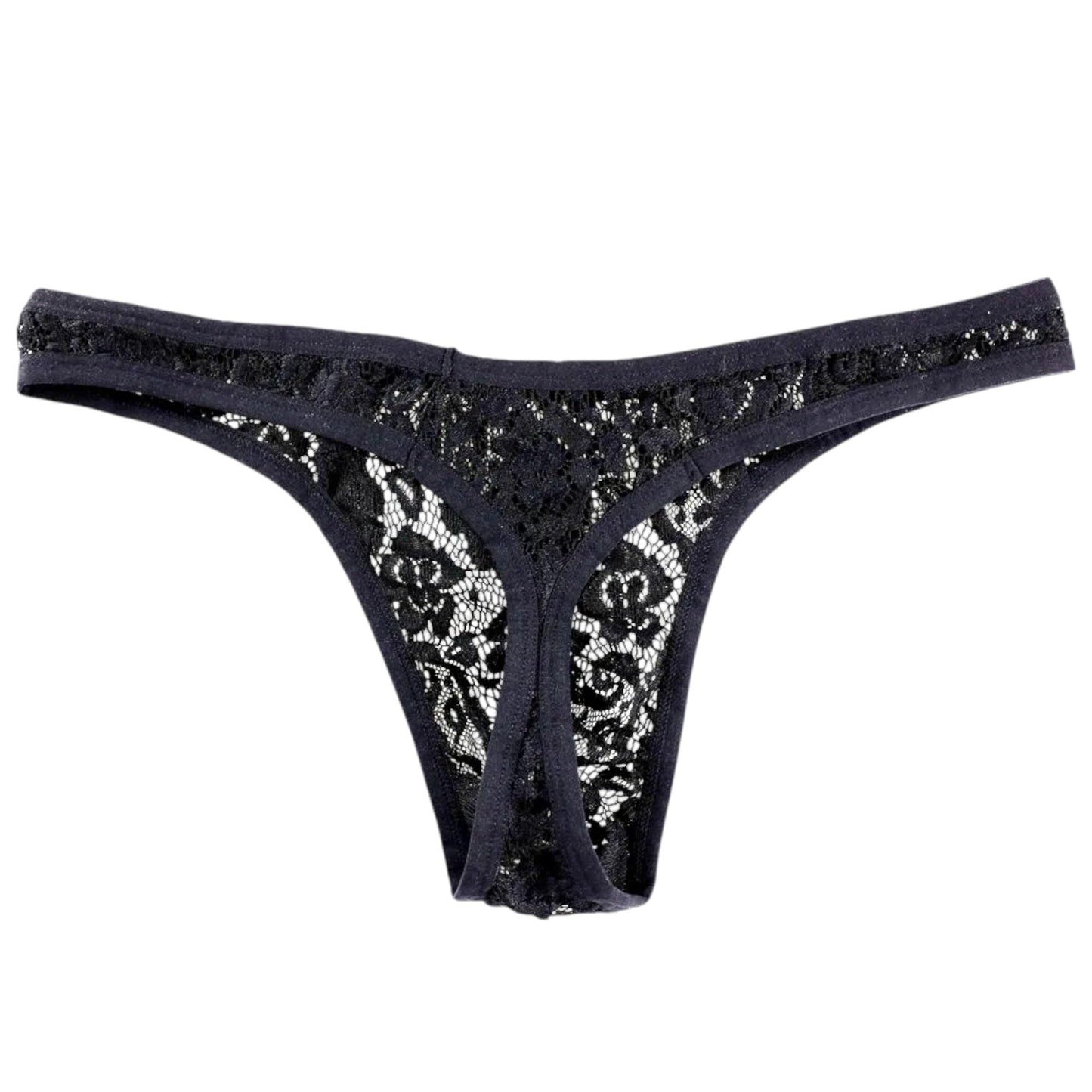 Men's Sissy Lace Thong Panties, Femboy Panty See-Through Floral Underwear Lingerie for Cross-dressers (US, Alpha, Large, X-Large, Regular, Regular, Black)