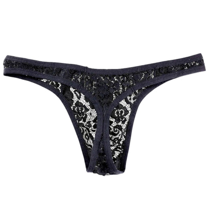 Men's Sissy Lace Thong Panties, Femboy Panty See-Through Floral Underwear Lingerie for Cross-dressers (US, Alpha, Large, X-Large, Regular, Regular, Black)