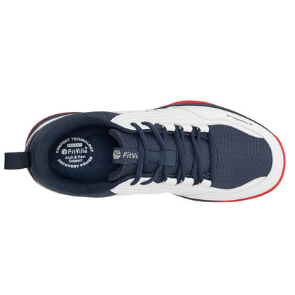 FitVille Wide Tennis Shoes for Men Pickleball Shoes Sneakers | Court Racquetball Athletic Shoes for Racquet Sport | Wide Toe Box & Arch Support (10.5 X-Wide, White & Navy Blue)