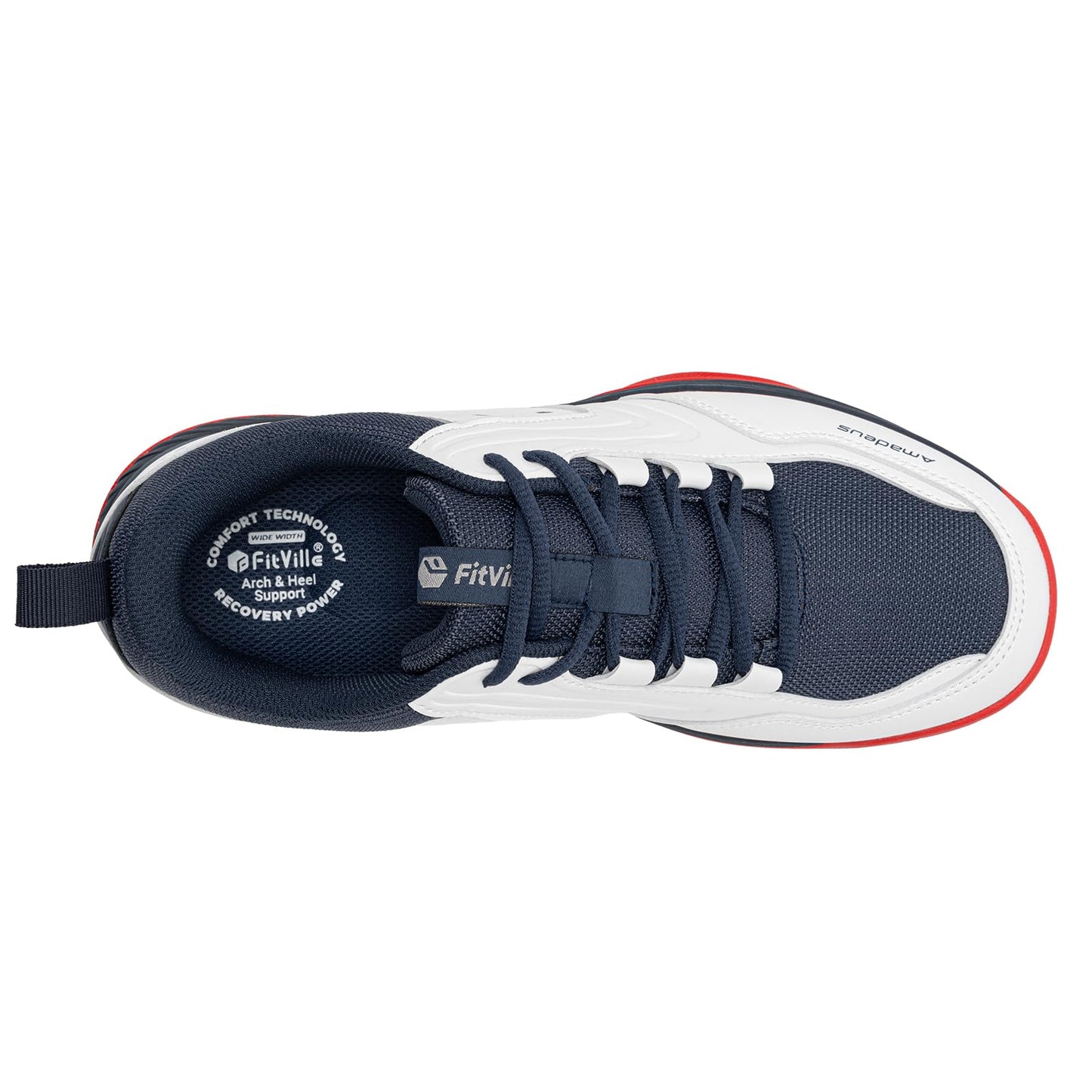 FitVille Tennis Shoes for Men Wide Mens Pickleball Shoes Breathable Court Shoes Racquetball Badminton Athletic Sneakers for All Courts | Arch Support | Energy Return (12 Medium, White & Navy Blue)