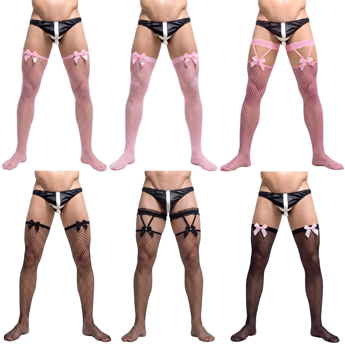 Men's Lace Fishnet Thigh High Stocking Bow 6 Pairs