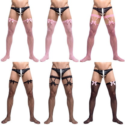 Men's Lace Fishnet Thigh High Stocking Bow 6 Pairs