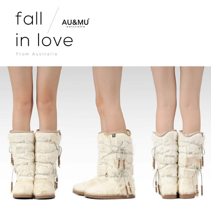 AUMU Womens Comfort Suede Fur Mid-calf Winter Boots White Size 7